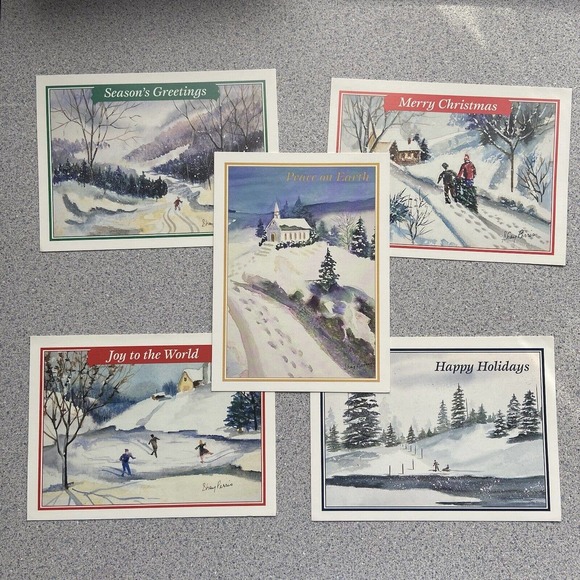 Unbranded Christmas Holiday Greeting Cards Set 5 Winter Fold Envelope Landscape - Picture 1 of 4